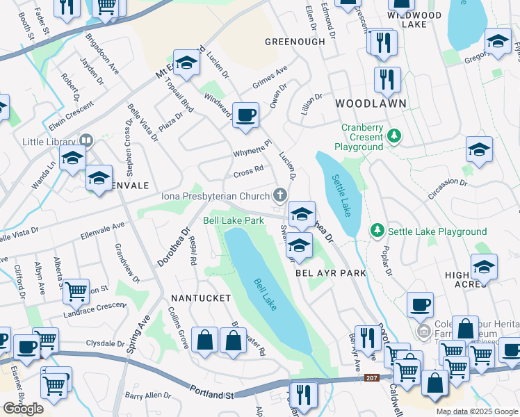 map of restaurants, bars, coffee shops, grocery stores, and more near 71 Dorothea Drive in Dartmouth