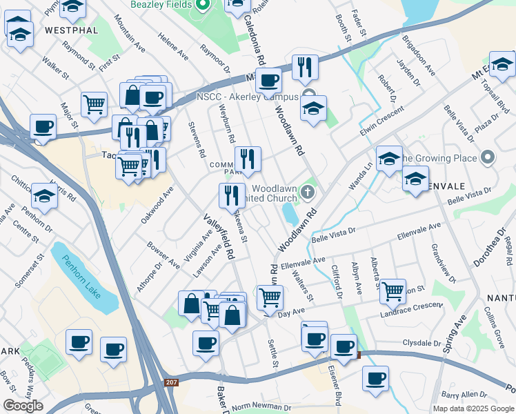 map of restaurants, bars, coffee shops, grocery stores, and more near 45 Mulgrave Lane in Dartmouth