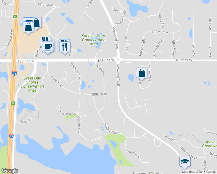 map of restaurants, bars, coffee shops, grocery stores, and more near 18744 Joplin Avenue in Lakeville