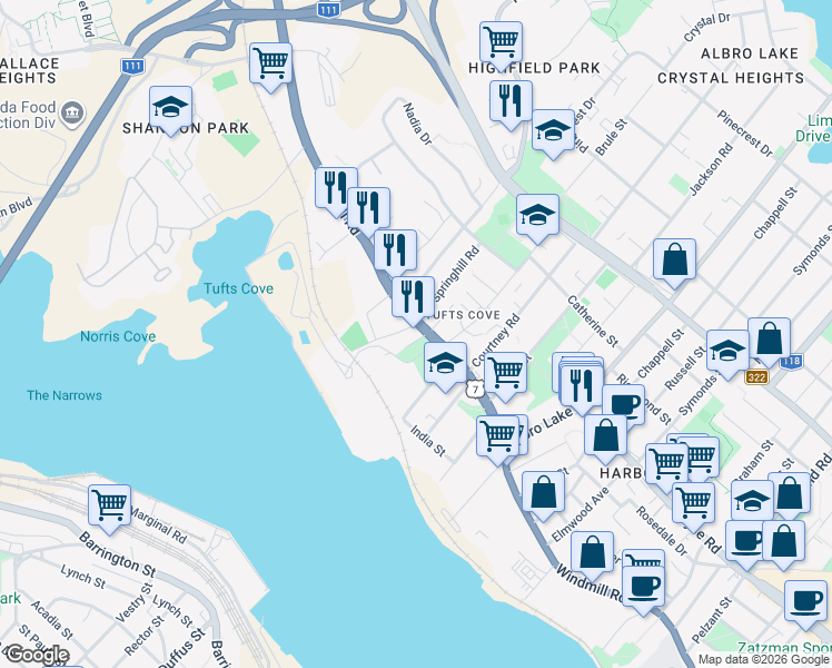map of restaurants, bars, coffee shops, grocery stores, and more near 331 Nova Scotia Trunk 7 in Dartmouth