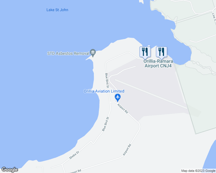 map of restaurants, bars, coffee shops, grocery stores, and more near 6254 Blue Bird Street in Orillia