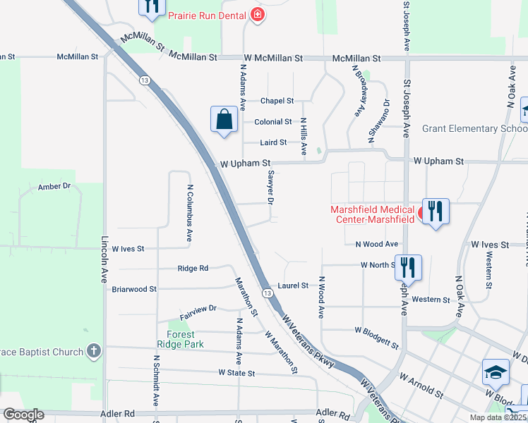 map of restaurants, bars, coffee shops, grocery stores, and more near 1007 West Kalsched Street in Marshfield
