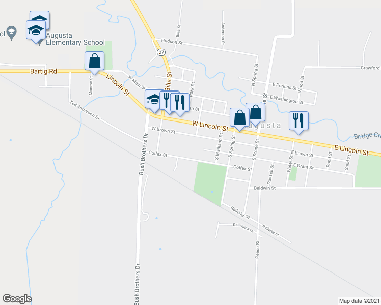 map of restaurants, bars, coffee shops, grocery stores, and more near 601 Colfax Street in Augusta