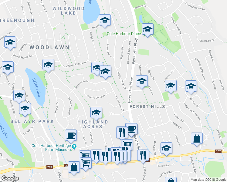 map of restaurants, bars, coffee shops, grocery stores, and more near Circassion Drive in Cole Harbour