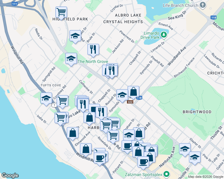 map of restaurants, bars, coffee shops, grocery stores, and more near 56 Chappell Street in Dartmouth