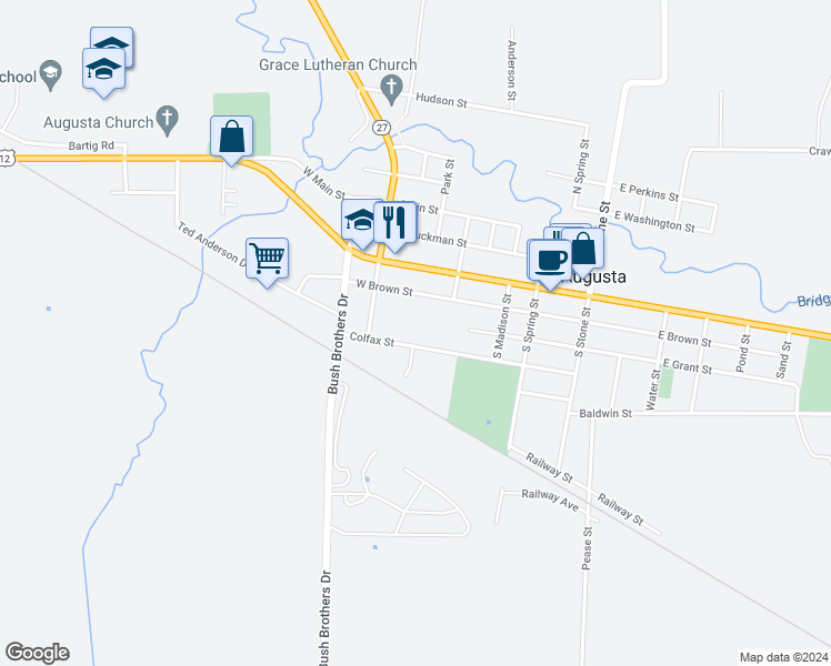map of restaurants, bars, coffee shops, grocery stores, and more near 601 Colfax Street in Augusta