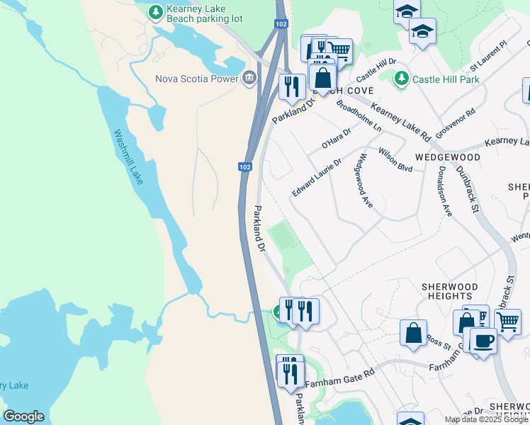 map of restaurants, bars, coffee shops, grocery stores, and more near 767 Parkland Drive in Halifax