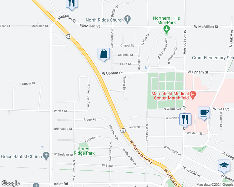 map of restaurants, bars, coffee shops, grocery stores, and more near 1007 West Kalsched Street in Marshfield