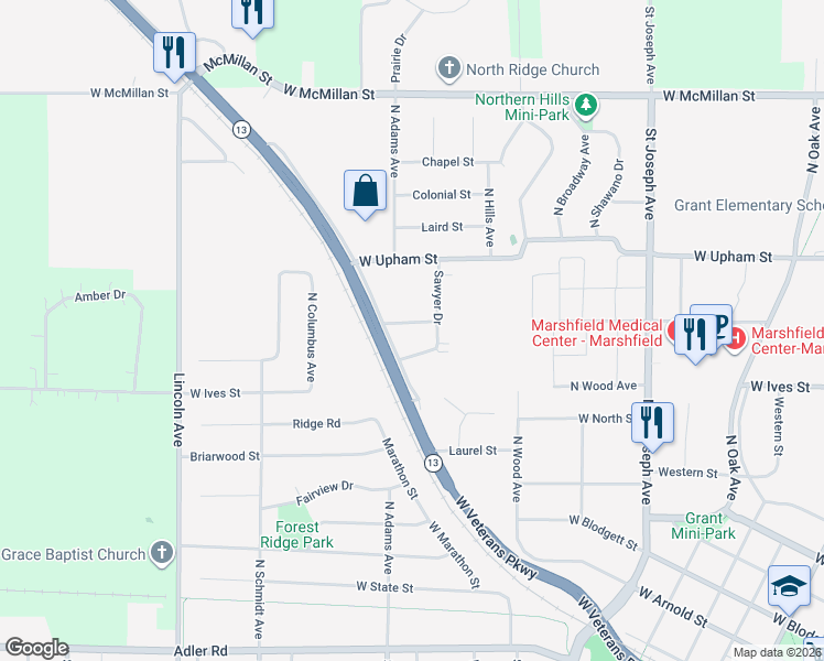 map of restaurants, bars, coffee shops, grocery stores, and more near 1007 West Kalsched Street in Marshfield