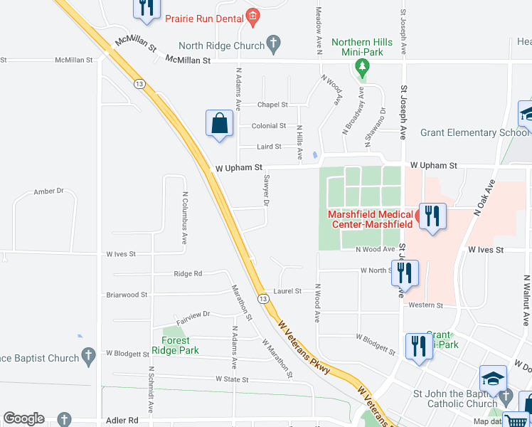 map of restaurants, bars, coffee shops, grocery stores, and more near 1609 Sawyer Drive in Marshfield