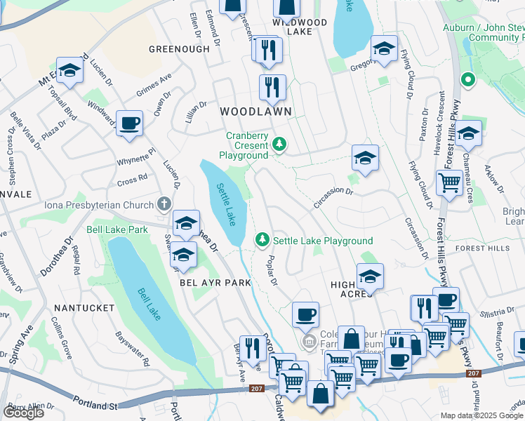 map of restaurants, bars, coffee shops, grocery stores, and more near 307 Poplar Drive in Dartmouth