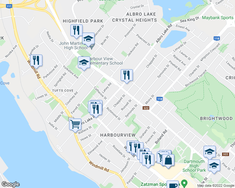 map of restaurants, bars, coffee shops, grocery stores, and more near 82 Albro Lake Road in Dartmouth