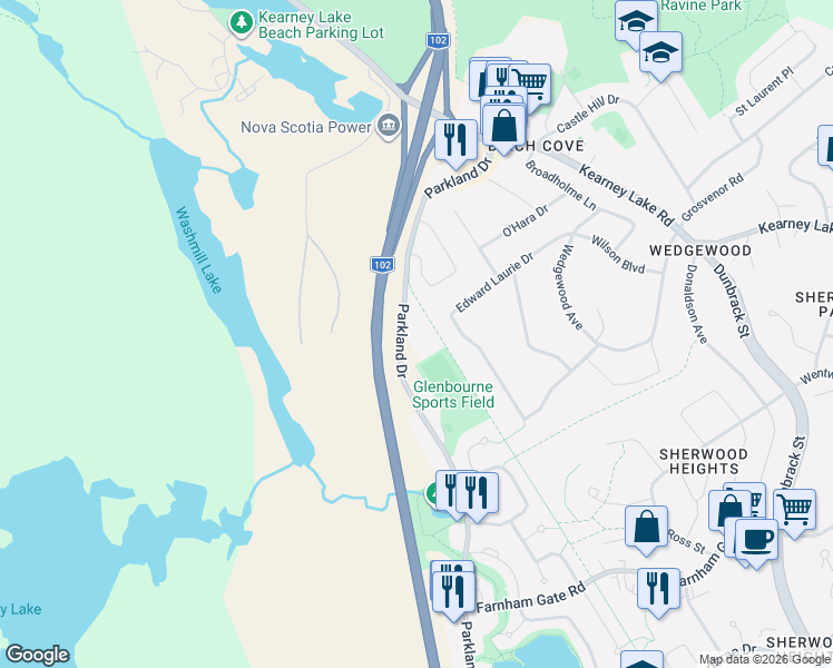 map of restaurants, bars, coffee shops, grocery stores, and more near 767 Parkland Drive in Halifax