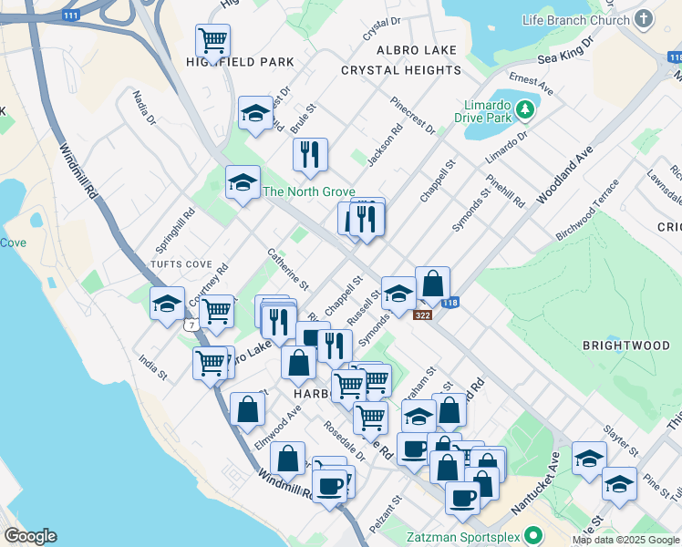 map of restaurants, bars, coffee shops, grocery stores, and more near 82 Albro Lake Road in Dartmouth
