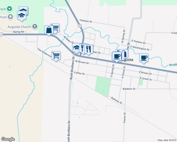 map of restaurants, bars, coffee shops, grocery stores, and more near 601 Colfax Street in Augusta
