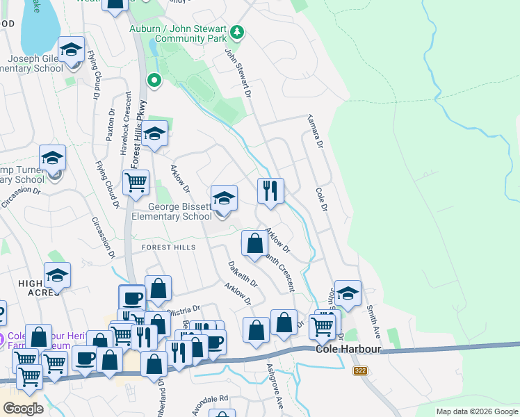 map of restaurants, bars, coffee shops, grocery stores, and more near 443 Arklow Drive in Dartmouth