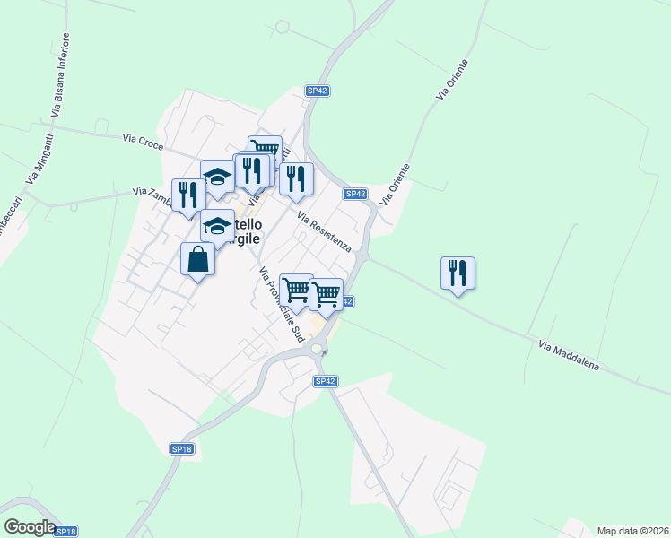 map of restaurants, bars, coffee shops, grocery stores, and more near 58 Via Aldo Moro in Castello D'argile