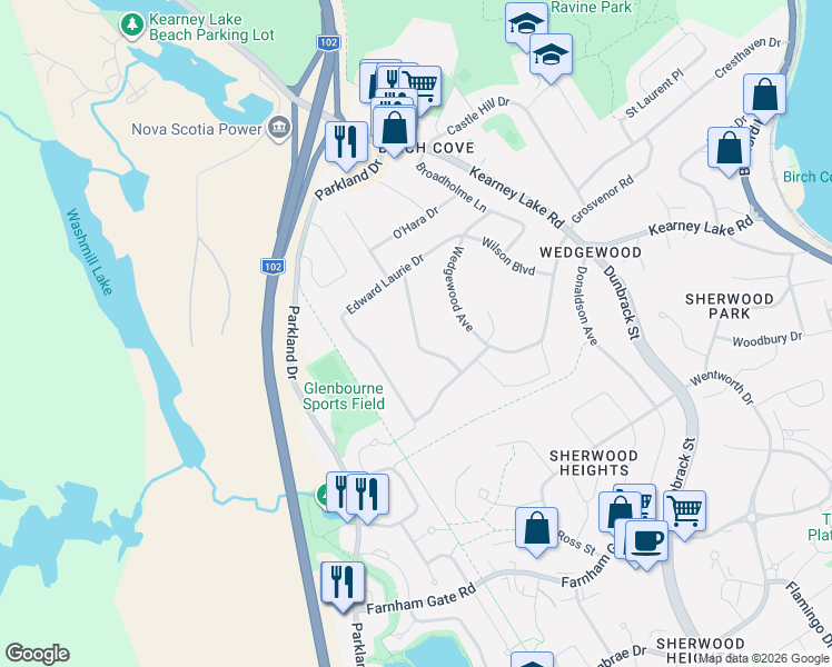 map of restaurants, bars, coffee shops, grocery stores, and more near Robert Allen Drive in Halifax