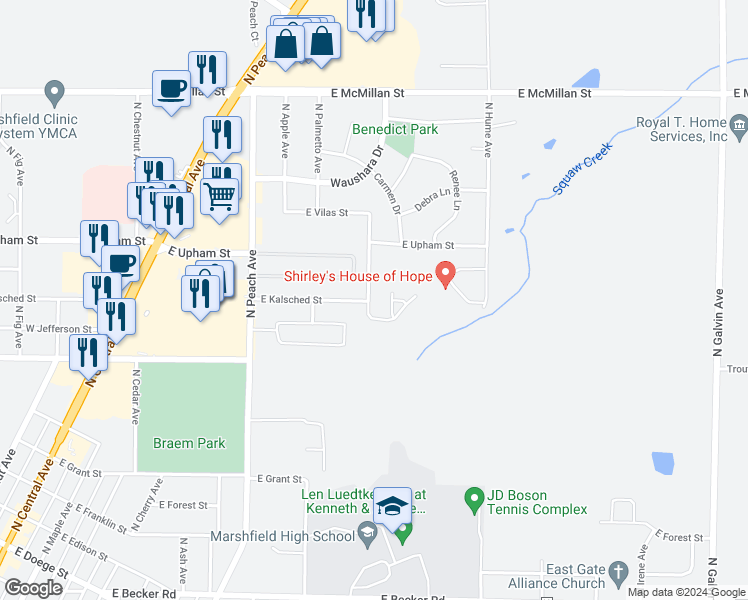 map of restaurants, bars, coffee shops, grocery stores, and more near 1307 North Hinman Avenue in Marshfield