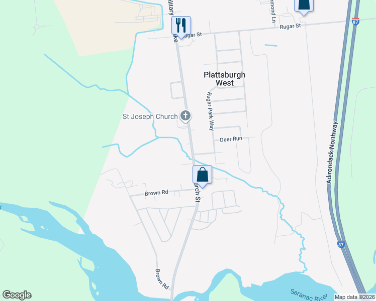 map of restaurants, bars, coffee shops, grocery stores, and more near 1325 Military Turnpike in Plattsburgh