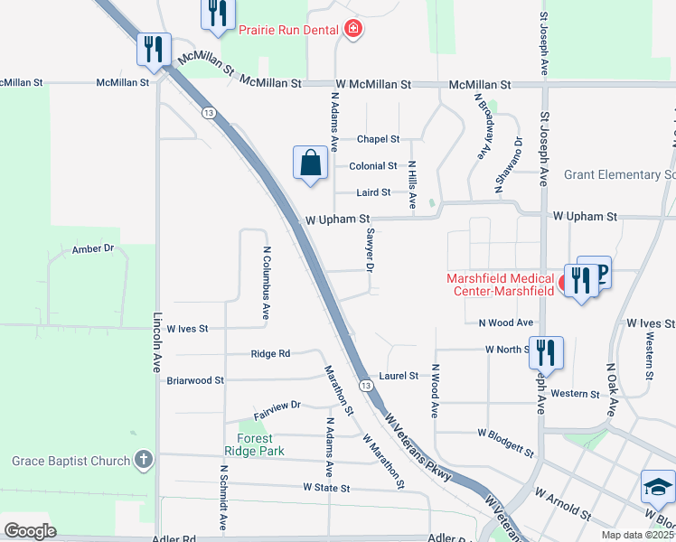 map of restaurants, bars, coffee shops, grocery stores, and more near 1007 West Kalsched Street in Marshfield