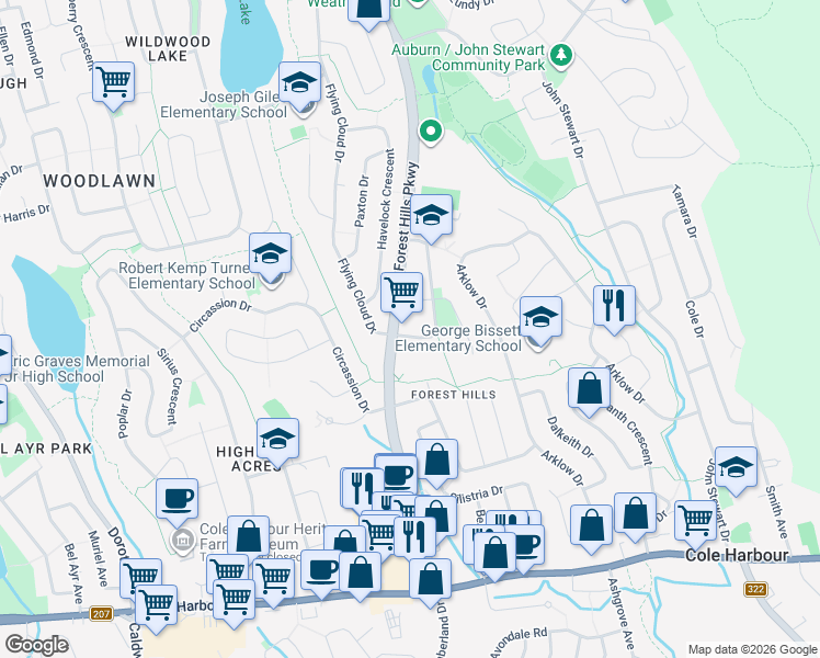 map of restaurants, bars, coffee shops, grocery stores, and more near 87 Chameau Crescent in Dartmouth