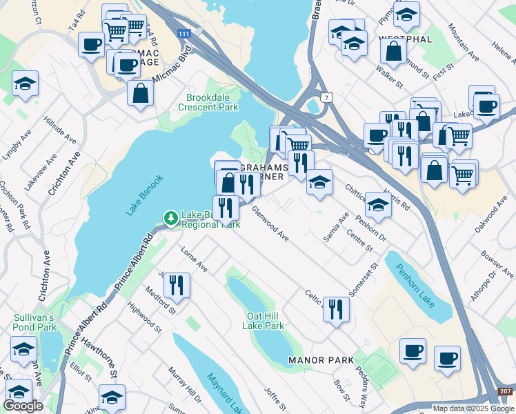 map of restaurants, bars, coffee shops, grocery stores, and more near 307 Prince Albert Road in Dartmouth