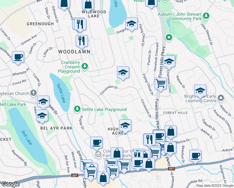 map of restaurants, bars, coffee shops, grocery stores, and more near 108 Ellerslie Crescent in Dartmouth
