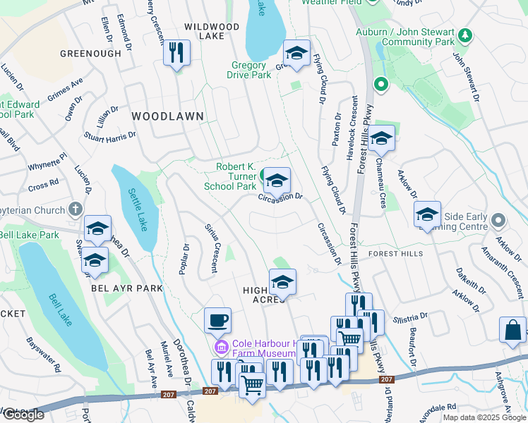 map of restaurants, bars, coffee shops, grocery stores, and more near 108 Ellerslie Crescent in Dartmouth