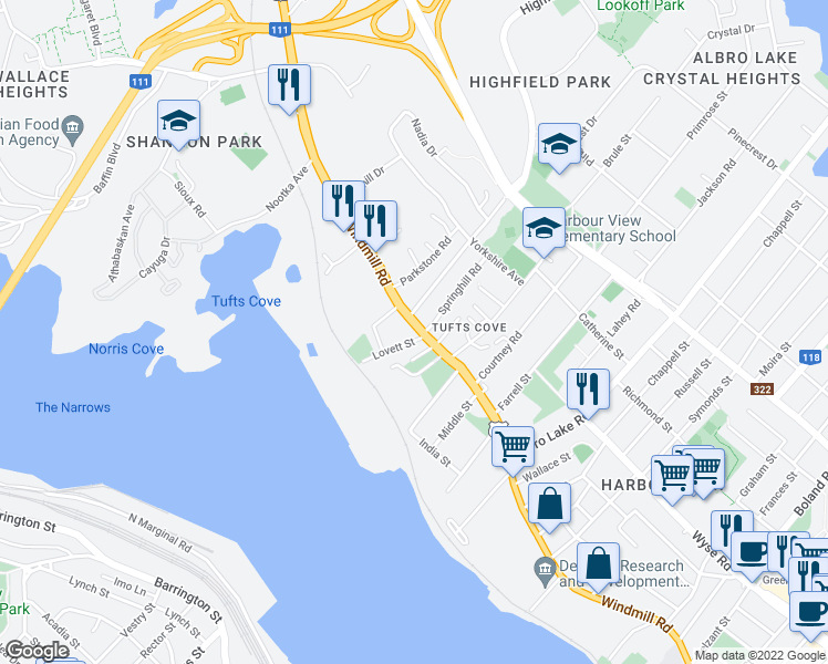 map of restaurants, bars, coffee shops, grocery stores, and more near 331 Nova Scotia Trunk 7 in Dartmouth