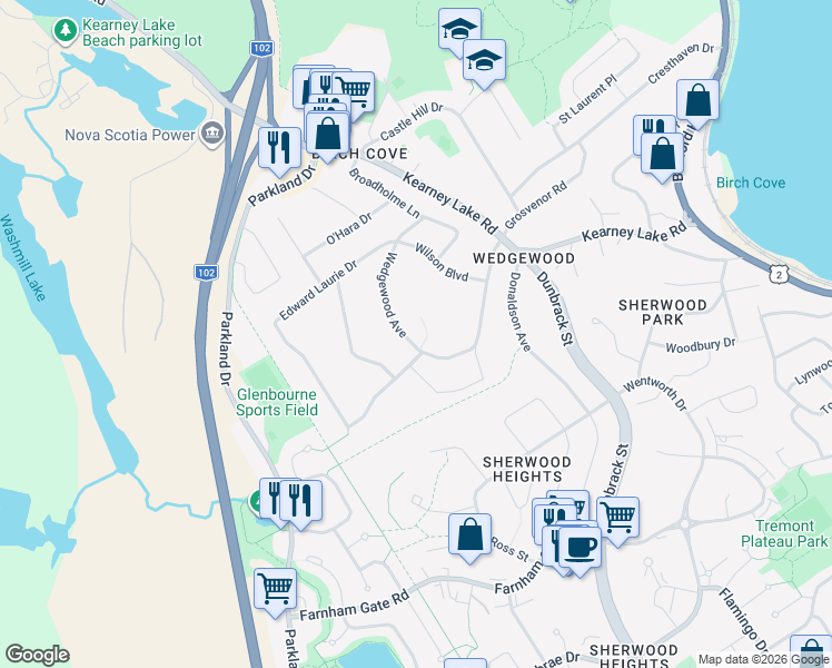 map of restaurants, bars, coffee shops, grocery stores, and more near 39 Wedgewood Avenue in Halifax