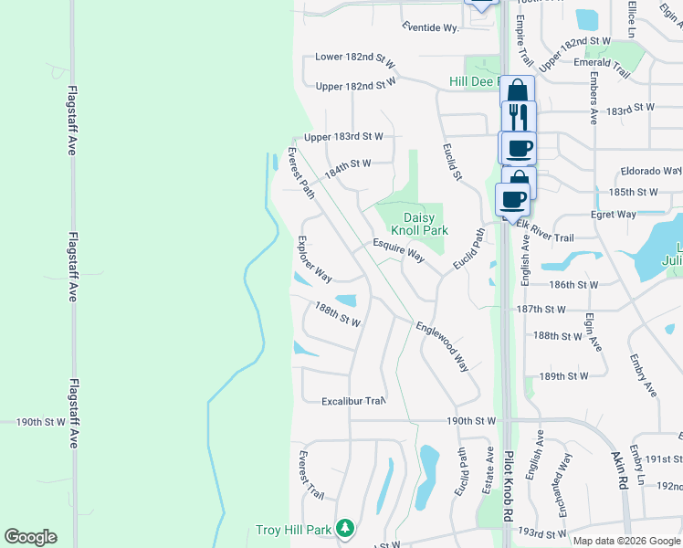 map of restaurants, bars, coffee shops, grocery stores, and more near 18640 Explorer Way in Farmington