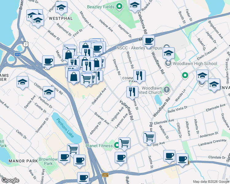 map of restaurants, bars, coffee shops, grocery stores, and more near 23 Valleyfield Road in Dartmouth