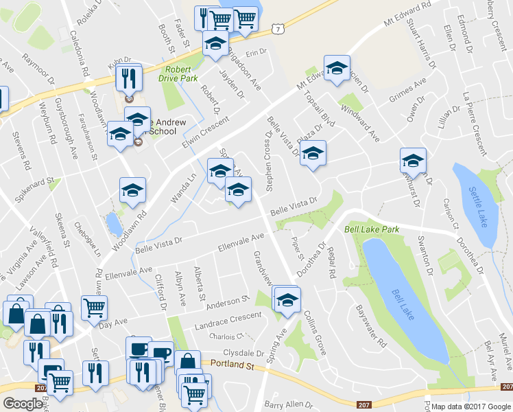 map of restaurants, bars, coffee shops, grocery stores, and more near 389 Spring Avenue in Dartmouth