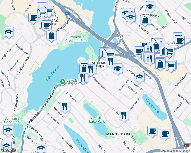 map of restaurants, bars, coffee shops, grocery stores, and more near 307 Prince Albert Road in Dartmouth