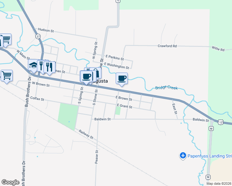 map of restaurants, bars, coffee shops, grocery stores, and more near 231 East Lincoln Street in Augusta