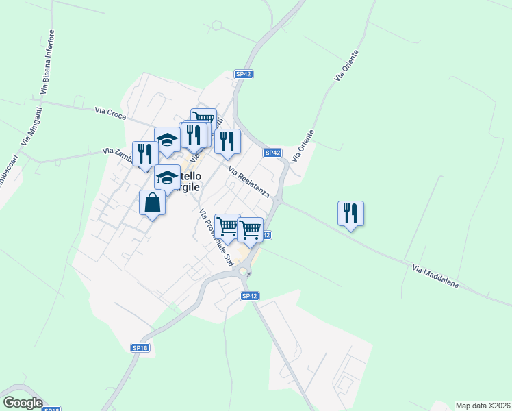 map of restaurants, bars, coffee shops, grocery stores, and more near 58 Via Aldo Moro in Castello D'argile