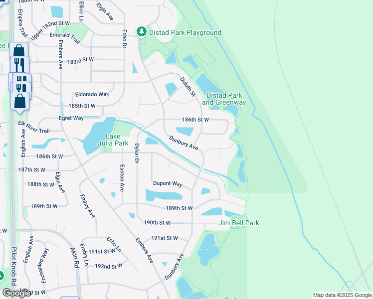map of restaurants, bars, coffee shops, grocery stores, and more near 18651 Dunbury Avenue in Farmington
