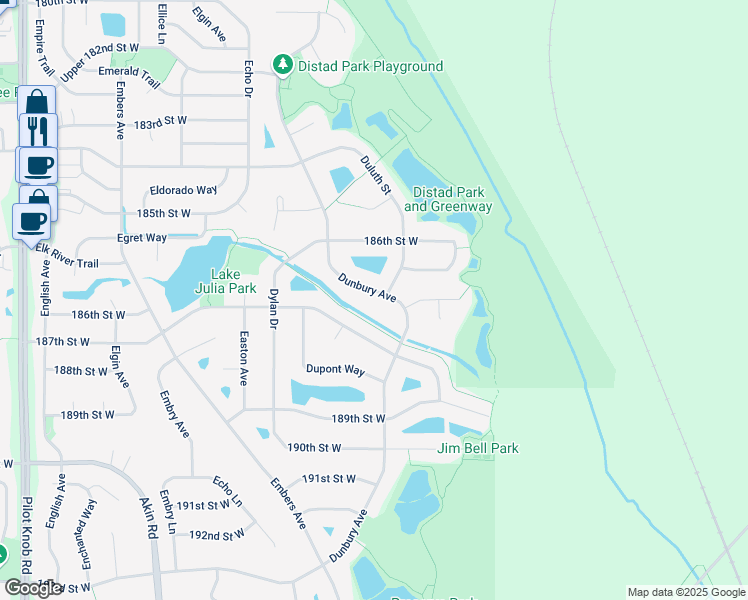 map of restaurants, bars, coffee shops, grocery stores, and more near 18651 Dunbury Avenue in Farmington