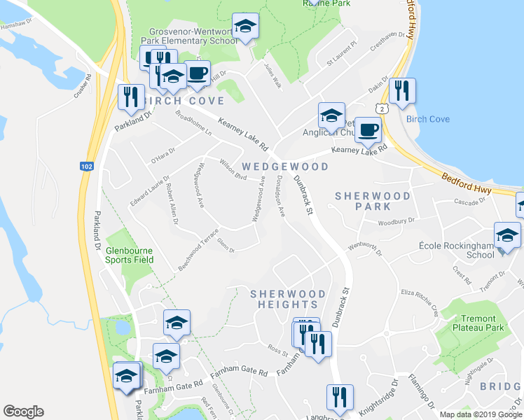 map of restaurants, bars, coffee shops, grocery stores, and more near 22 Wedgewood Avenue in Halifax