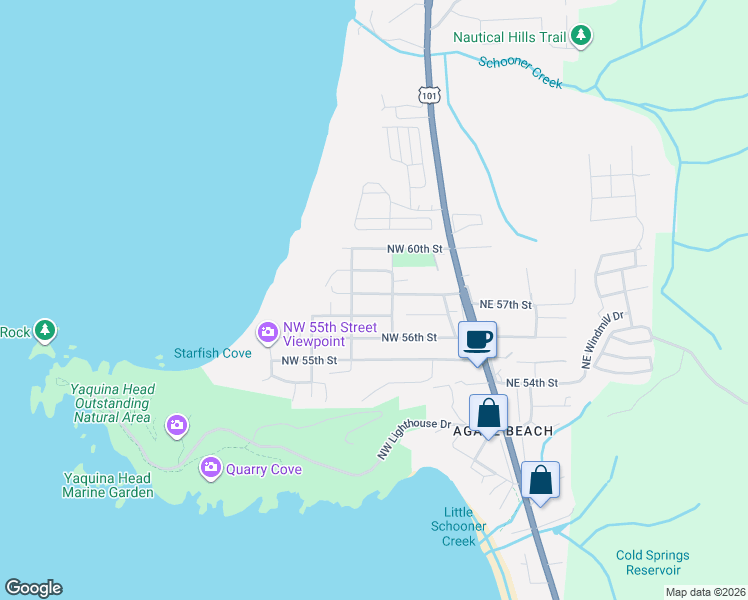 map of restaurants, bars, coffee shops, grocery stores, and more near 333 Northwest 58th Street in Newport