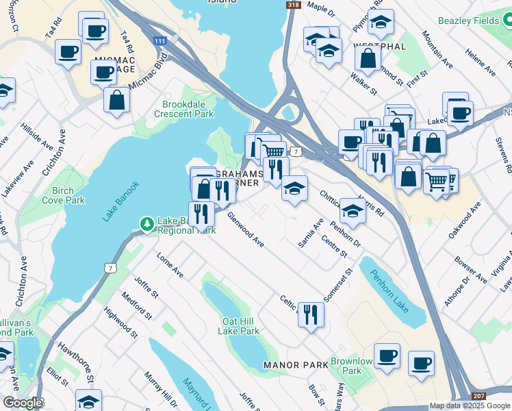 map of restaurants, bars, coffee shops, grocery stores, and more near 317 Prince Albert Road in Dartmouth