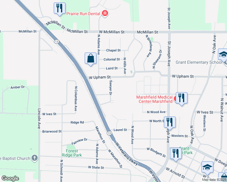 map of restaurants, bars, coffee shops, grocery stores, and more near 1609 Sawyer Drive in Marshfield