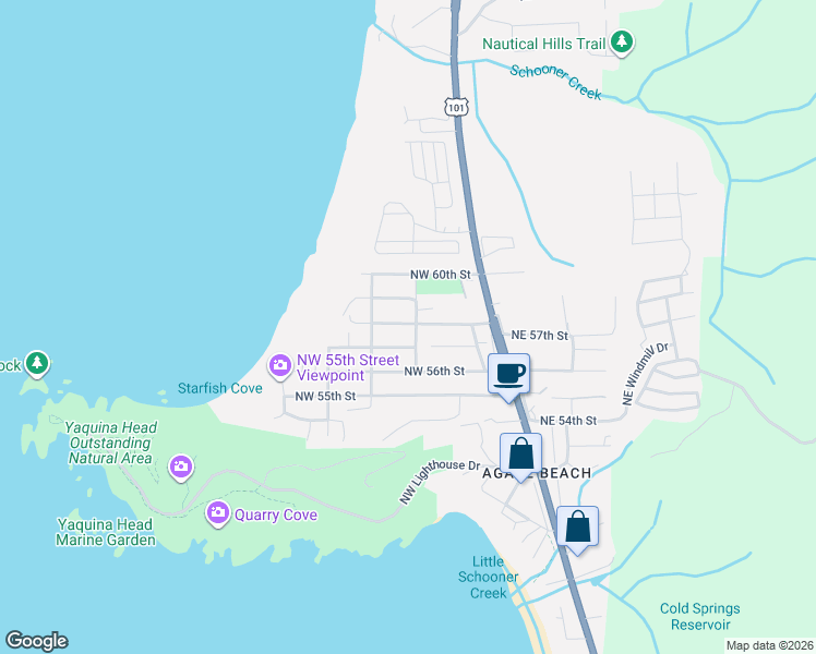 map of restaurants, bars, coffee shops, grocery stores, and more near 333 Northwest 58th Street in Newport