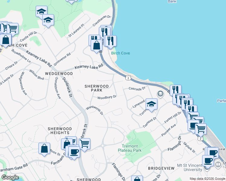 map of restaurants, bars, coffee shops, grocery stores, and more near 81 Woodbury Drive in Halifax