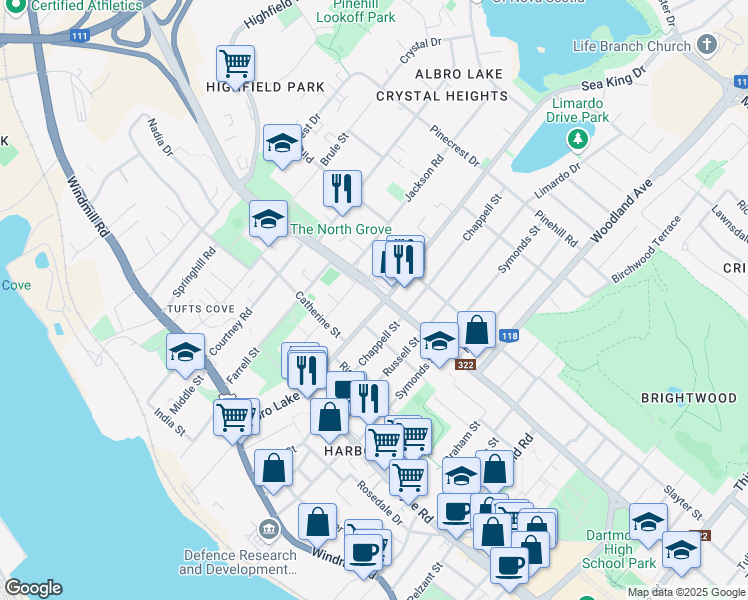 map of restaurants, bars, coffee shops, grocery stores, and more near 91 Albro Lake Road in Dartmouth