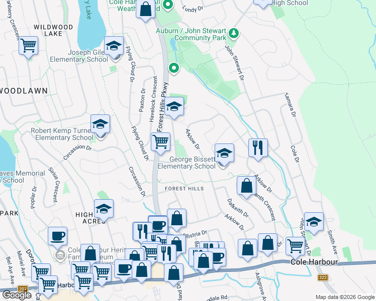 map of restaurants, bars, coffee shops, grocery stores, and more near 22 Albany Terrace in Dartmouth