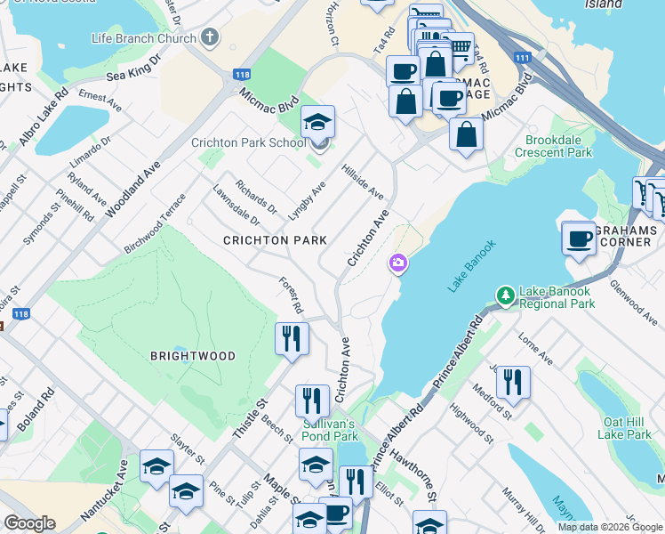map of restaurants, bars, coffee shops, grocery stores, and more near 71 Lakeview Avenue in Dartmouth