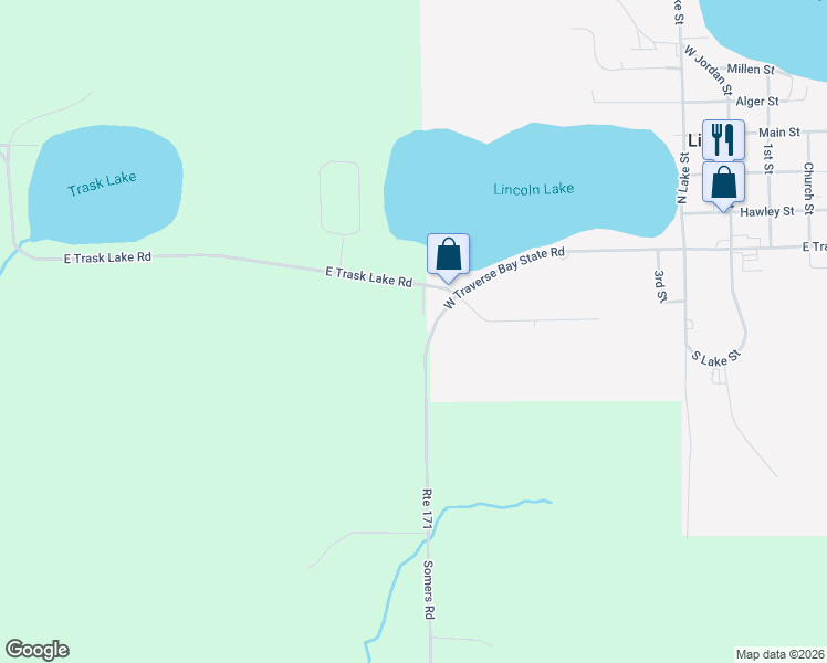 map of restaurants, bars, coffee shops, grocery stores, and more near 301-399 West Traverse Bay State Road in Lincoln