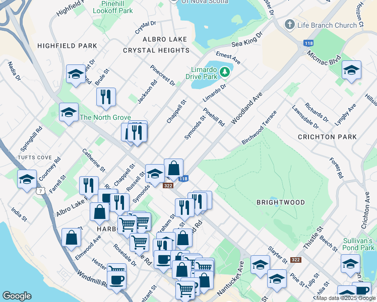 map of restaurants, bars, coffee shops, grocery stores, and more near 22 Moira Street in Dartmouth